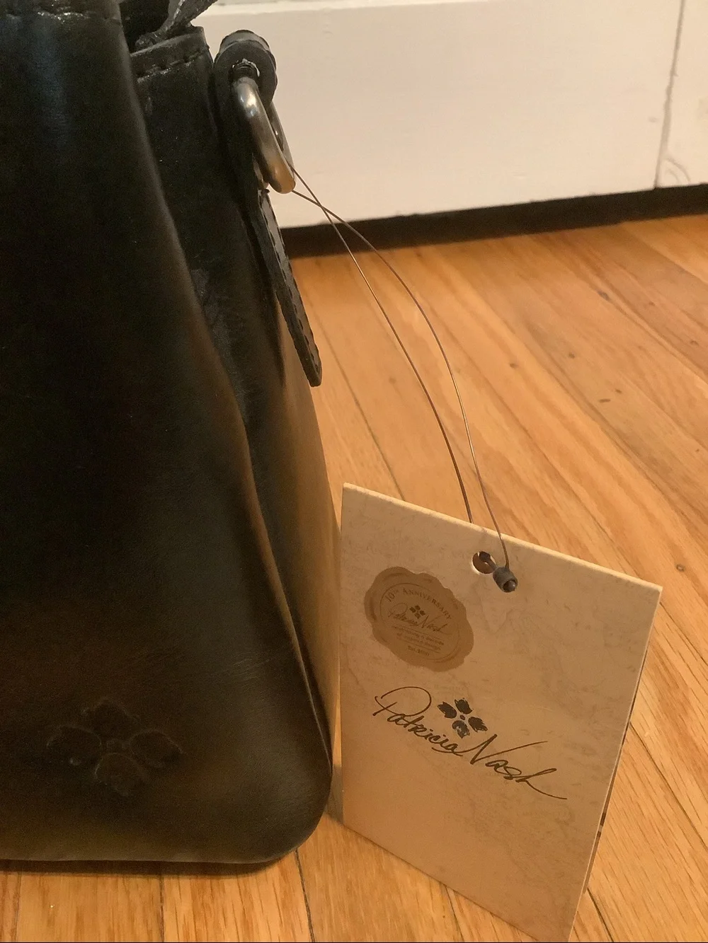 NWT! Patricia Nash Black Leather Top-Handle Women's Bag with Silver Ring Handles